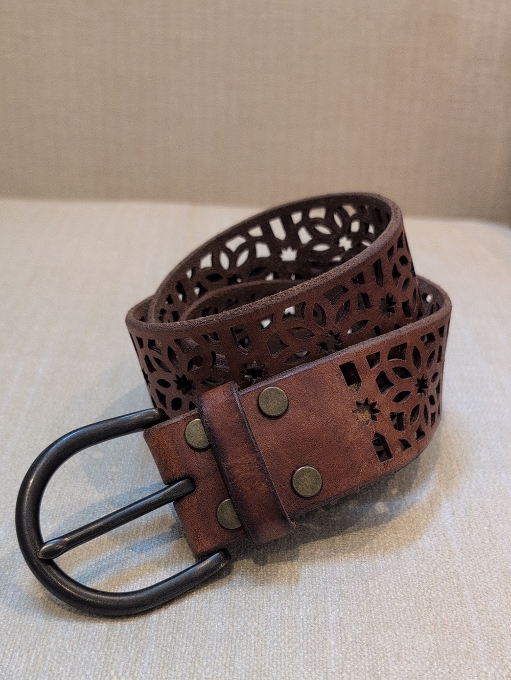 Brown Laser-Cut Floral Leather Belt Gunmetal Buckle Adjustable
